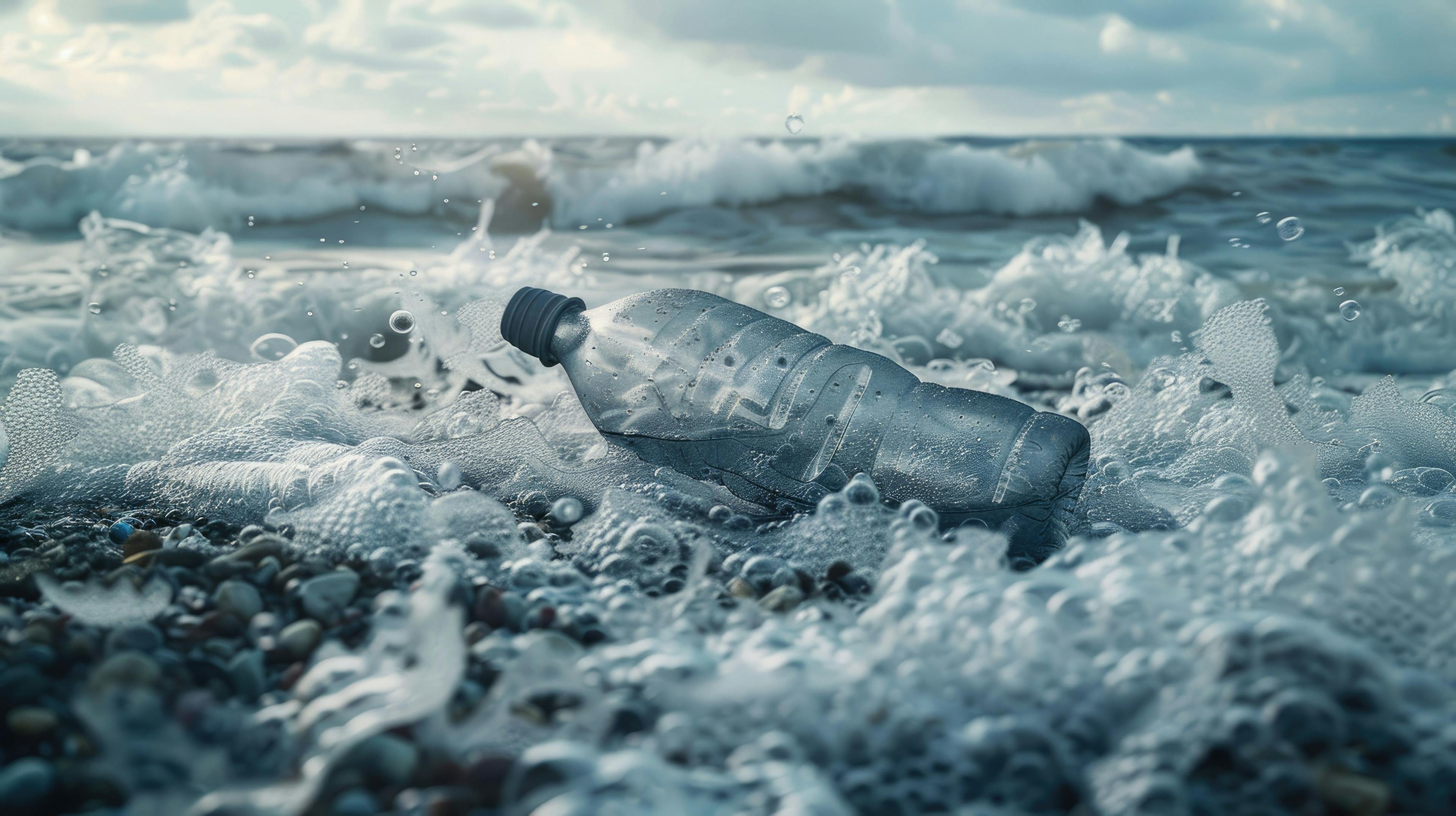 Pollution Concept Plastic Pet Bottle Washed Ashore by Waves (Generated with AI) | Image Credit: © TheWaterMeloonProjec - stock.adobe.com