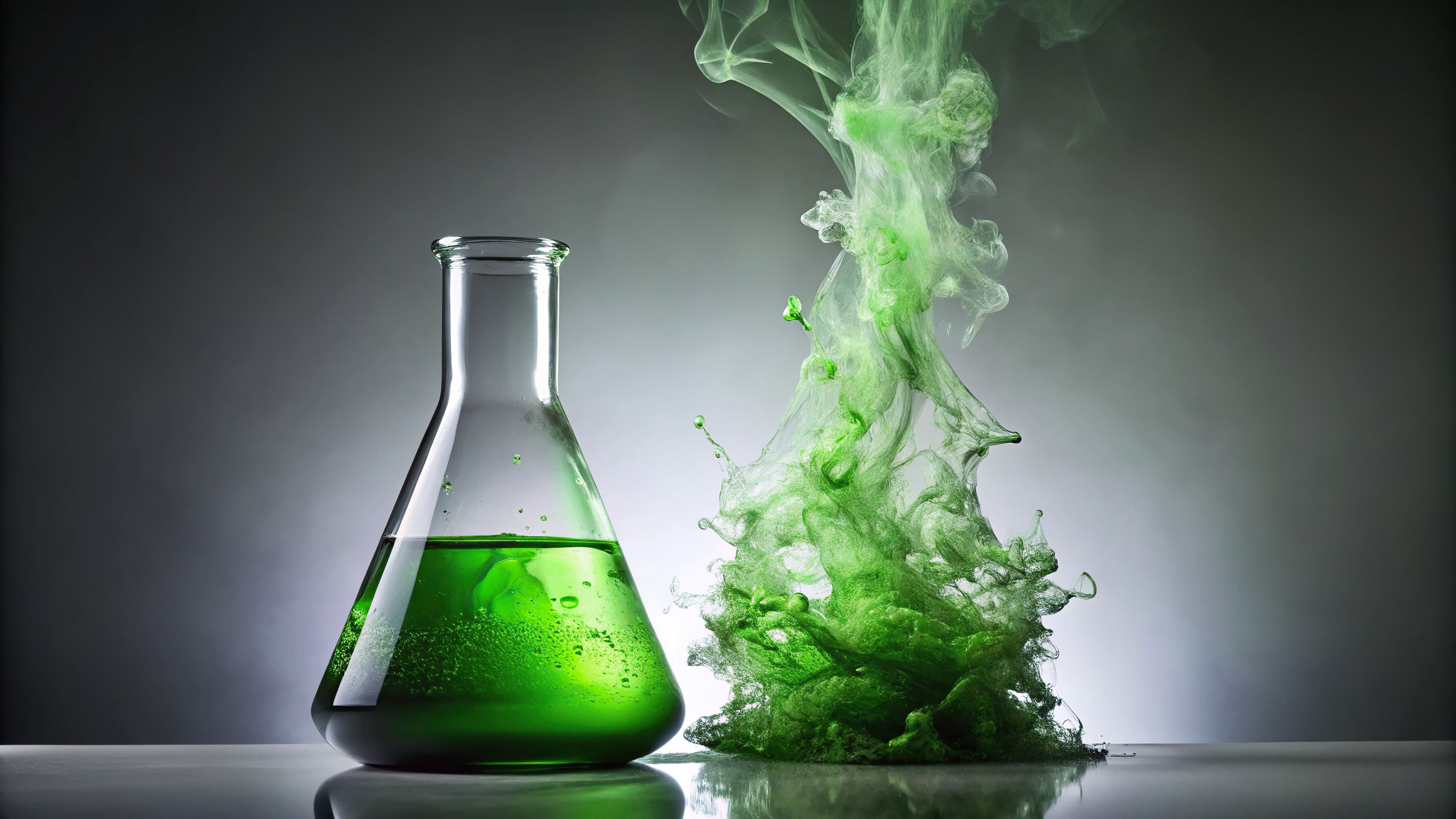 Green substance dissolving in flask with clear liquid. Generated with AI | Image Credit: © Andaman - stock.adobe.com. 