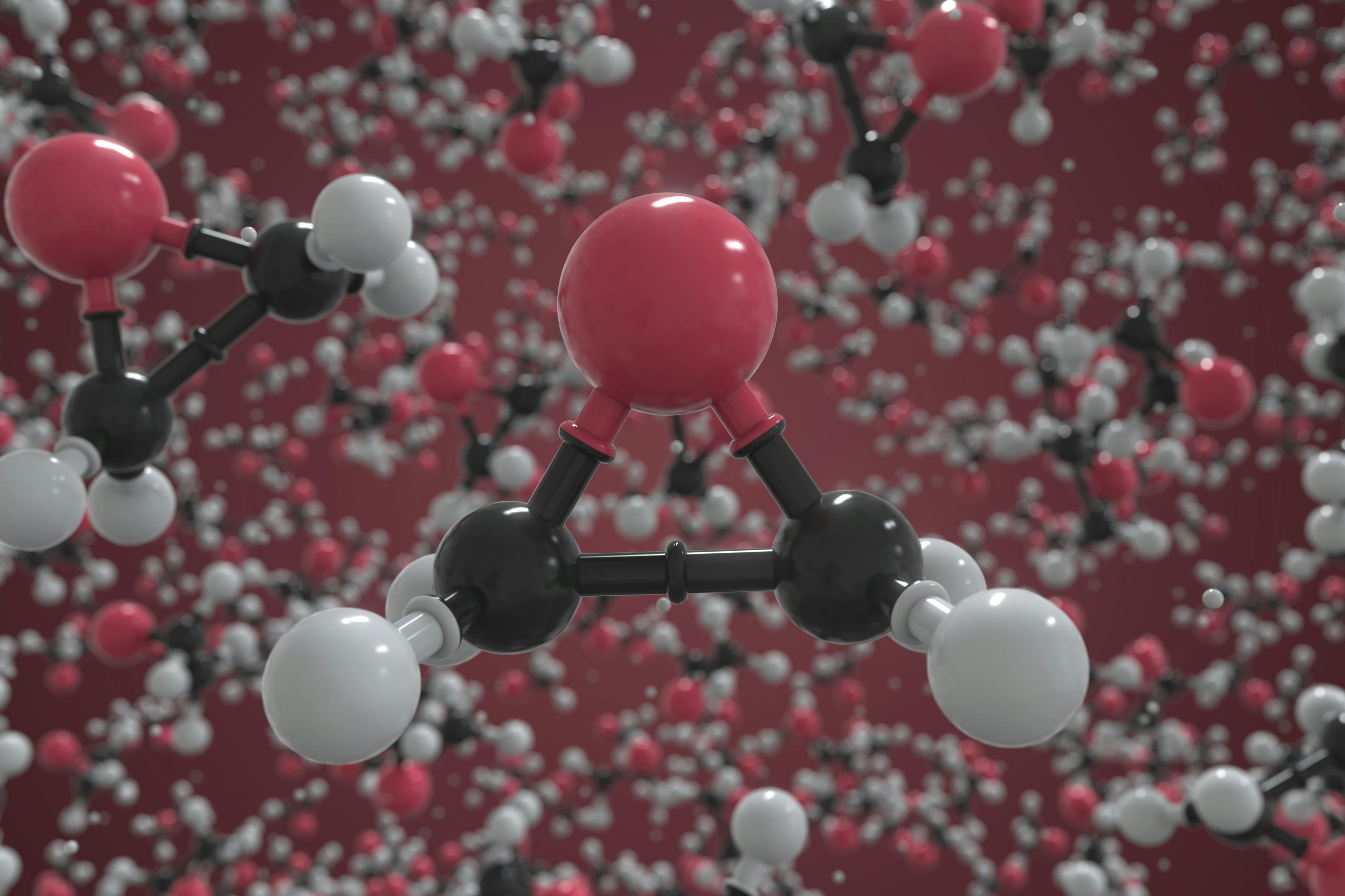 Molecule of ethylene oxide, ball-and-stick molecular model. Scientific 3d rendering | Image Credit: © Alexey Novikov - stock.adobe.com