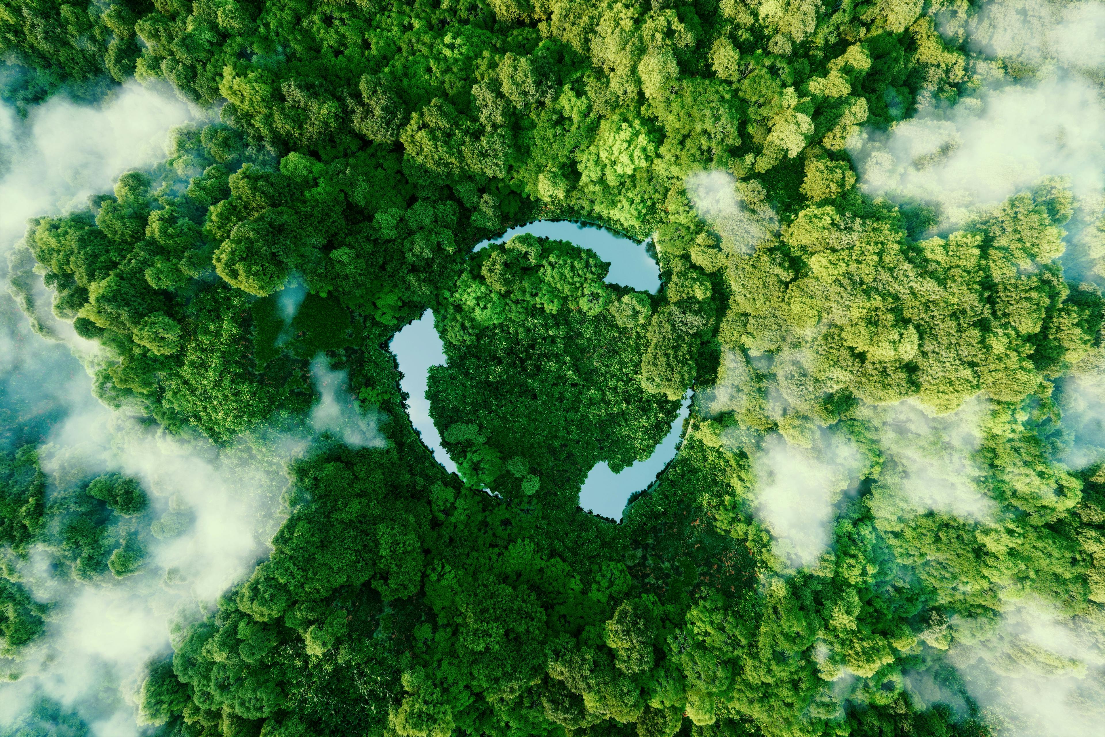 Abstract icon representing the ecological call to recycle and reuse in the form of a pond with a recycling symbol in the middle of a beautiful untouched jungle. 3d rendering. | Image Credit: © malp - stock.adobe.com