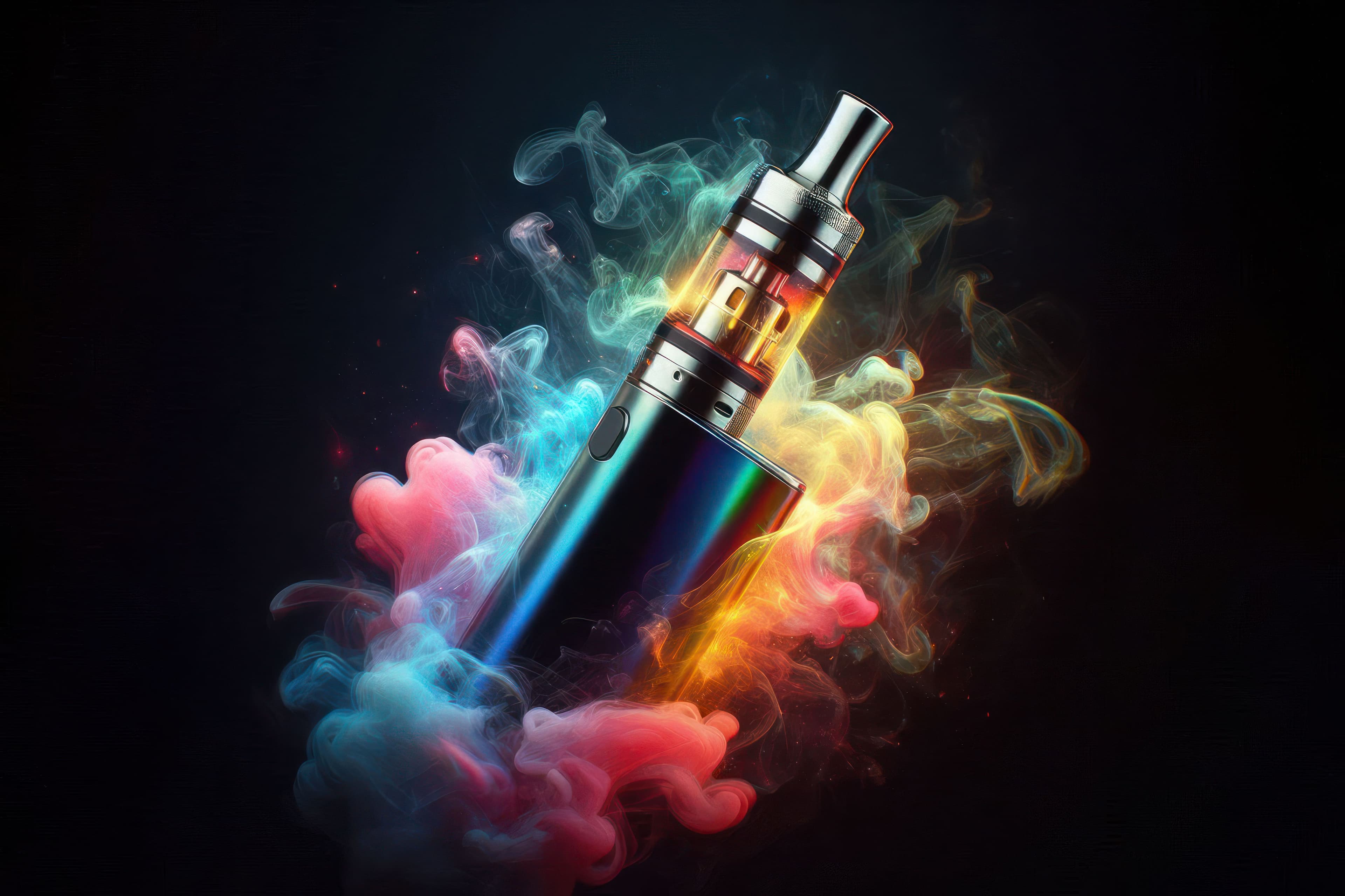 Electronic cigarette vape with colorful smoke around it. Isolated on black background | Image Credit: © Ольга Лукьяненко - stock.adobe.com.