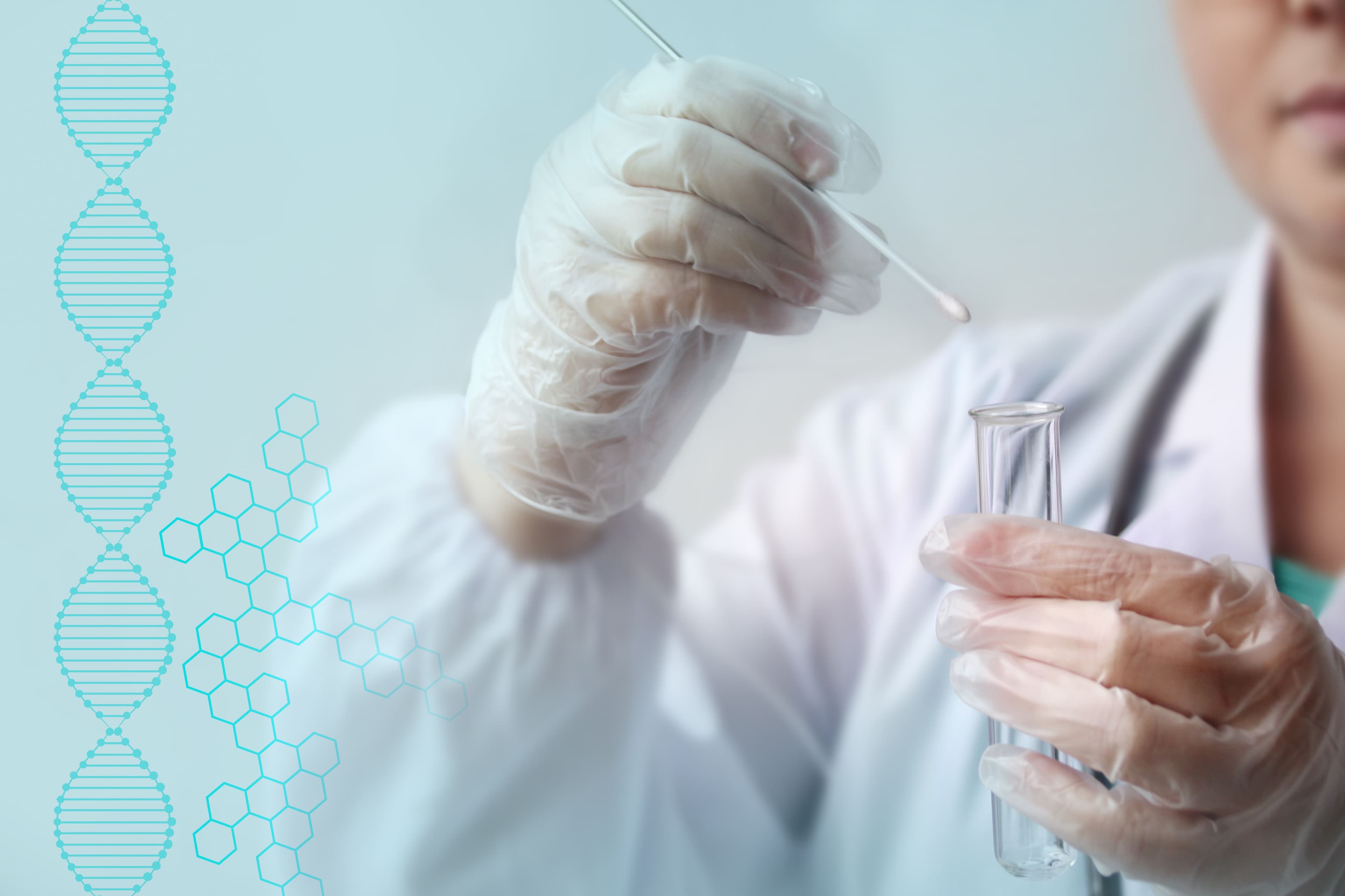 laboratory assistant in gloves puts a sample for DNA analysis on a cotton swab into a glass test tube, a scientific, police investigation and medical examination concept, close-up | Image Credit: © kittyfly - stock.adobe.com