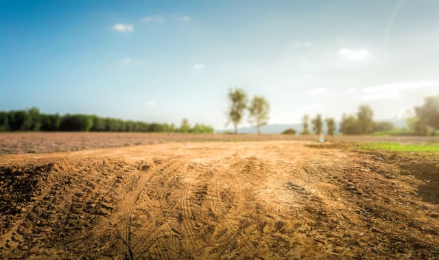 Empty dry cracked swamp reclamation soil, land plot for housing construction project with car tire print in rural area and beautiful blue sky with fresh air land for sales landscape concept. | Image Credit: © Puttachat - stock.adobe.com. 