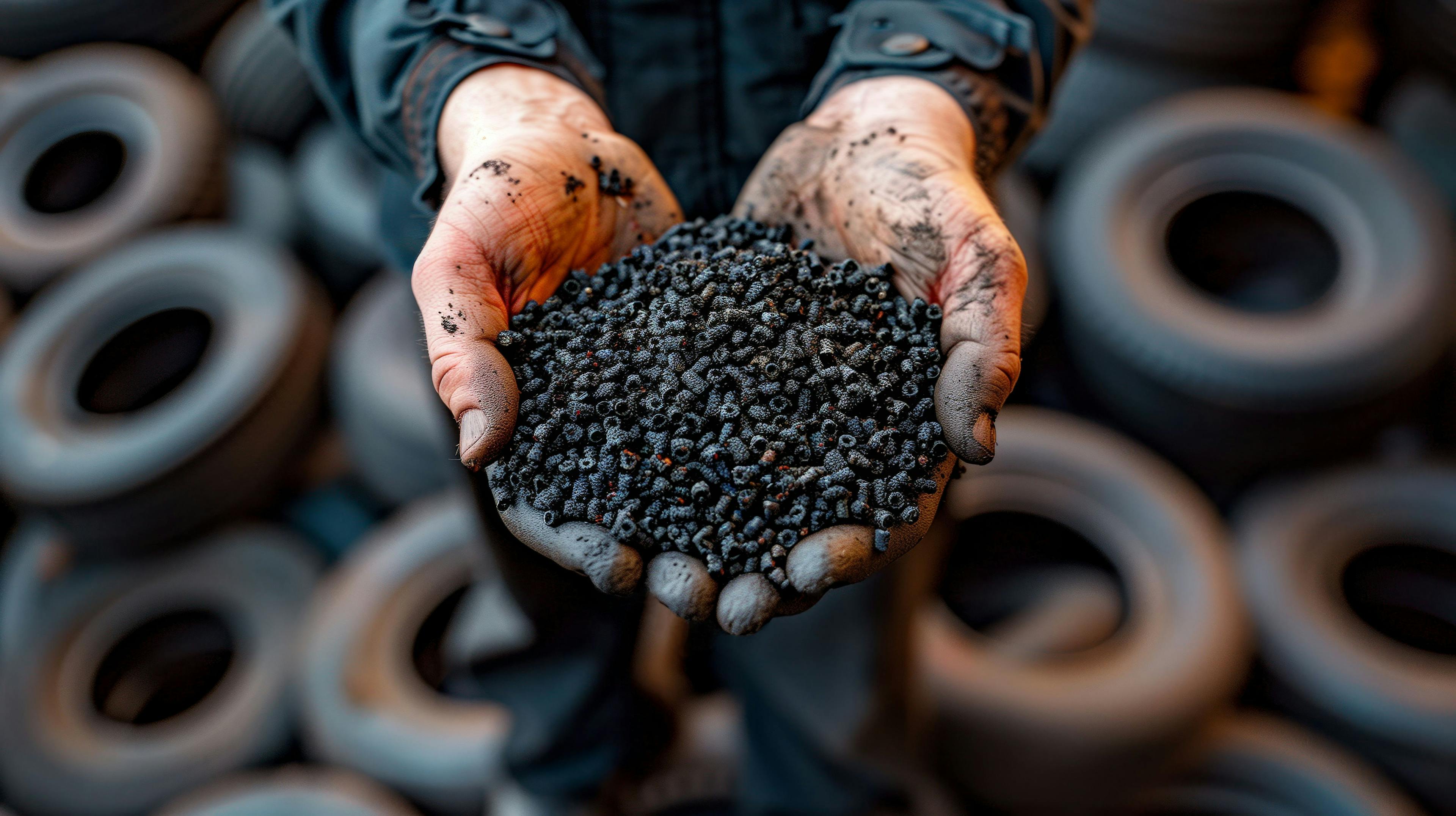 Recycled rubber crumbs held in hands against a backdrop of stacked old tires. © asayenka - stock.adobe.com