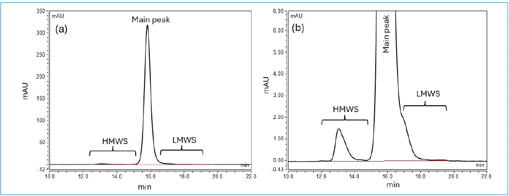 Figure 1: SEC UV chromatogram of in-house IgG1 mAb; (a) full view, and (b) zoomed-in view.