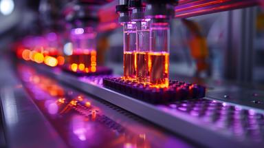 A close-up of lab-on-a-chip devices used for chronic disease monitoring, with vials illuminated in red and purple light. | Image Credit: © Emiliia  - stock.adobe.com.