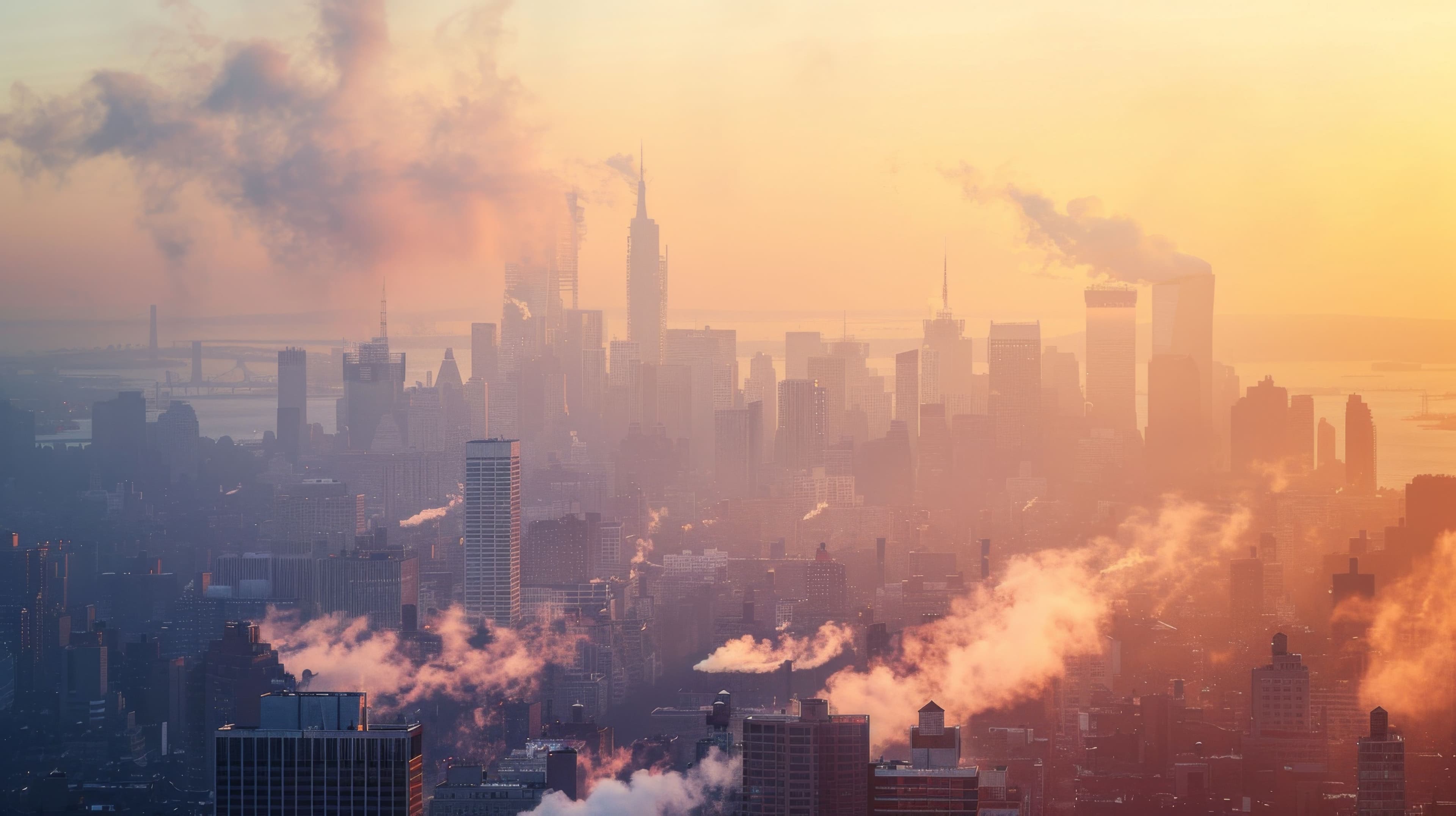 A panorama of a city skyline blanketed by smog, illustrating the impact of air pollution on urban environments. Generated with AI. | Image Credit: © Plaifah - stock.adobe.com