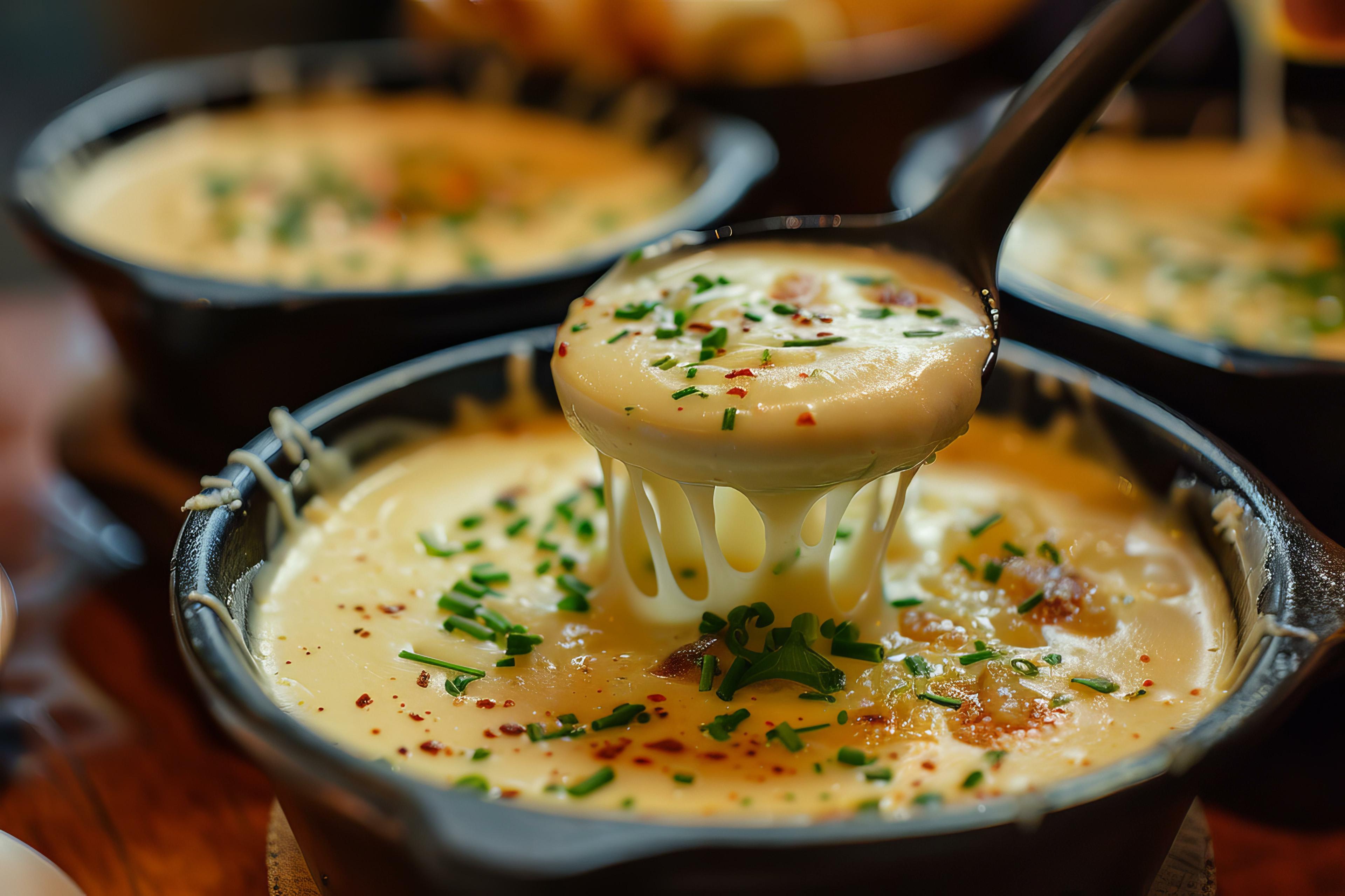 Ladle scooping melted cheese from pot in restaurant kitchen. © ylivdesign - stock.adobe.com